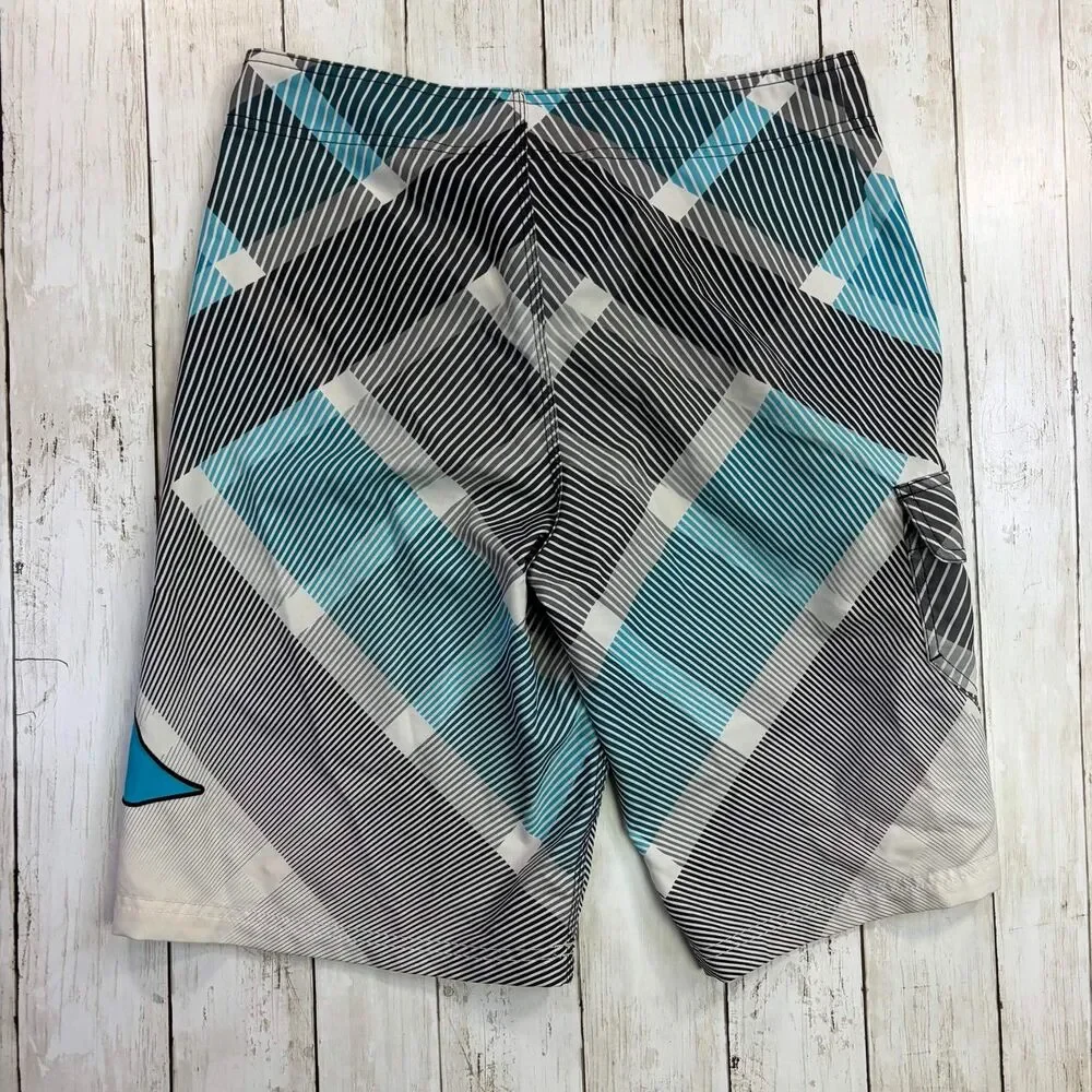 Y2K  Hurley Mens Board Shorts Medium Black Blue Geometric Print Surf Swim Trunks